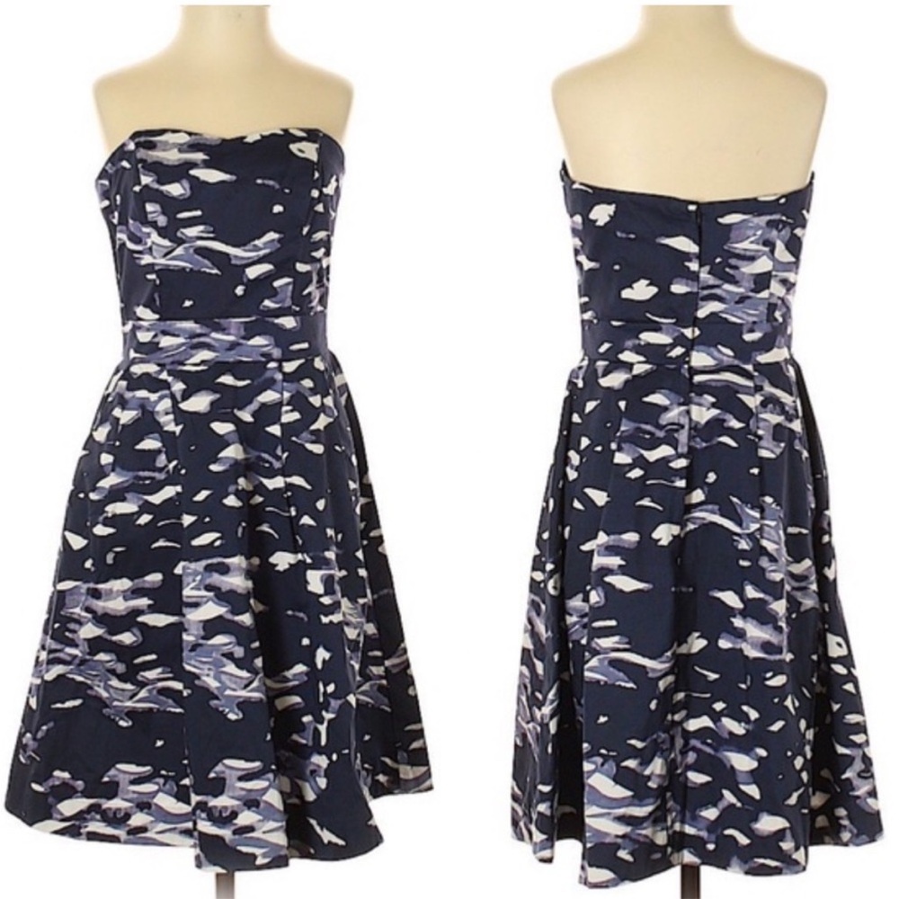 H&M Blue and White Patterned Strapless Dress